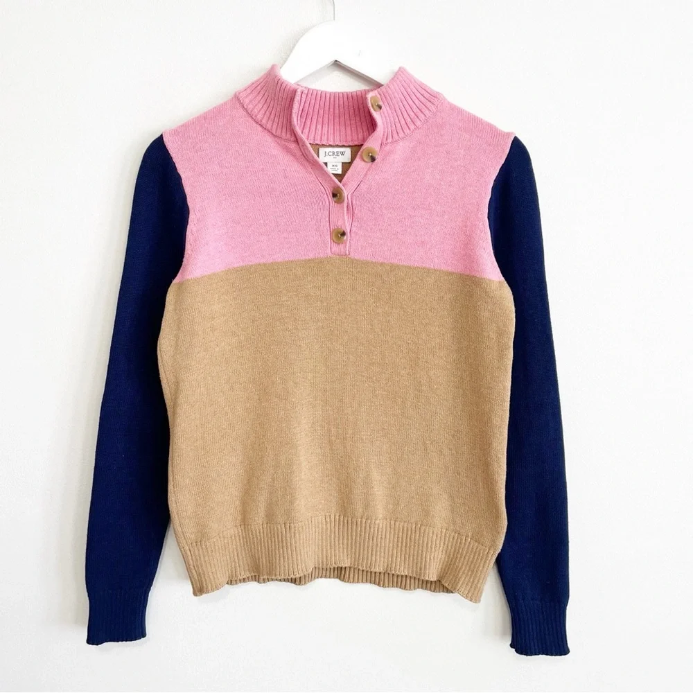 BOGO! J. Crew Henley Pullover Sweater Colorblock Pink Navy Tan XS